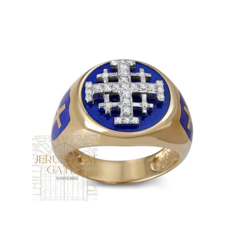 14K Gold With Diamond & Enamel Jerusalem Cross Men’s Ring